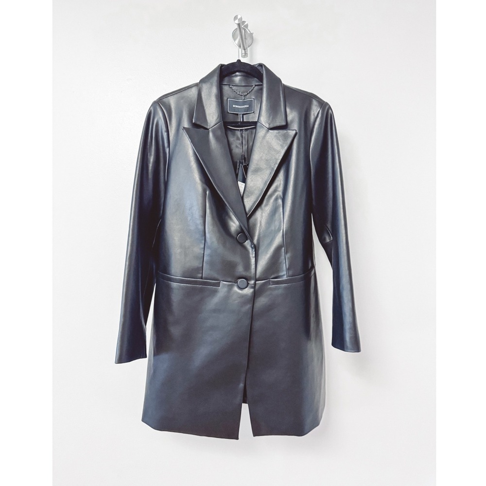 BCBGMAXAZRIA Black Vegan Leather Longline Blazer Coat Women Large New